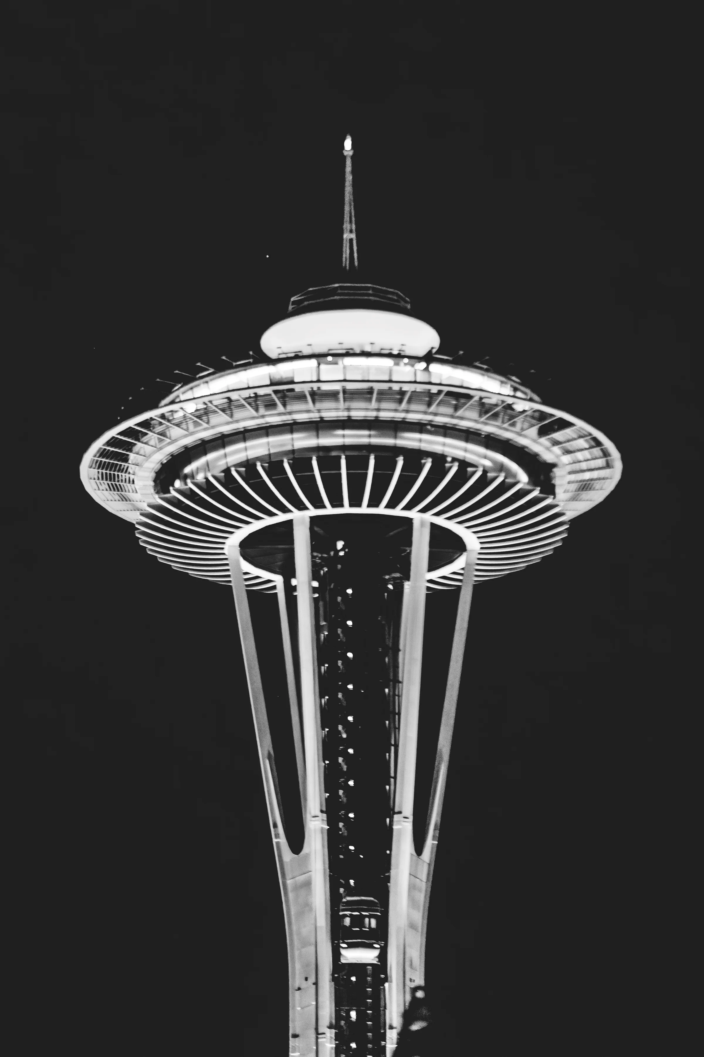 Black-and-white architectural study of the Space Needle